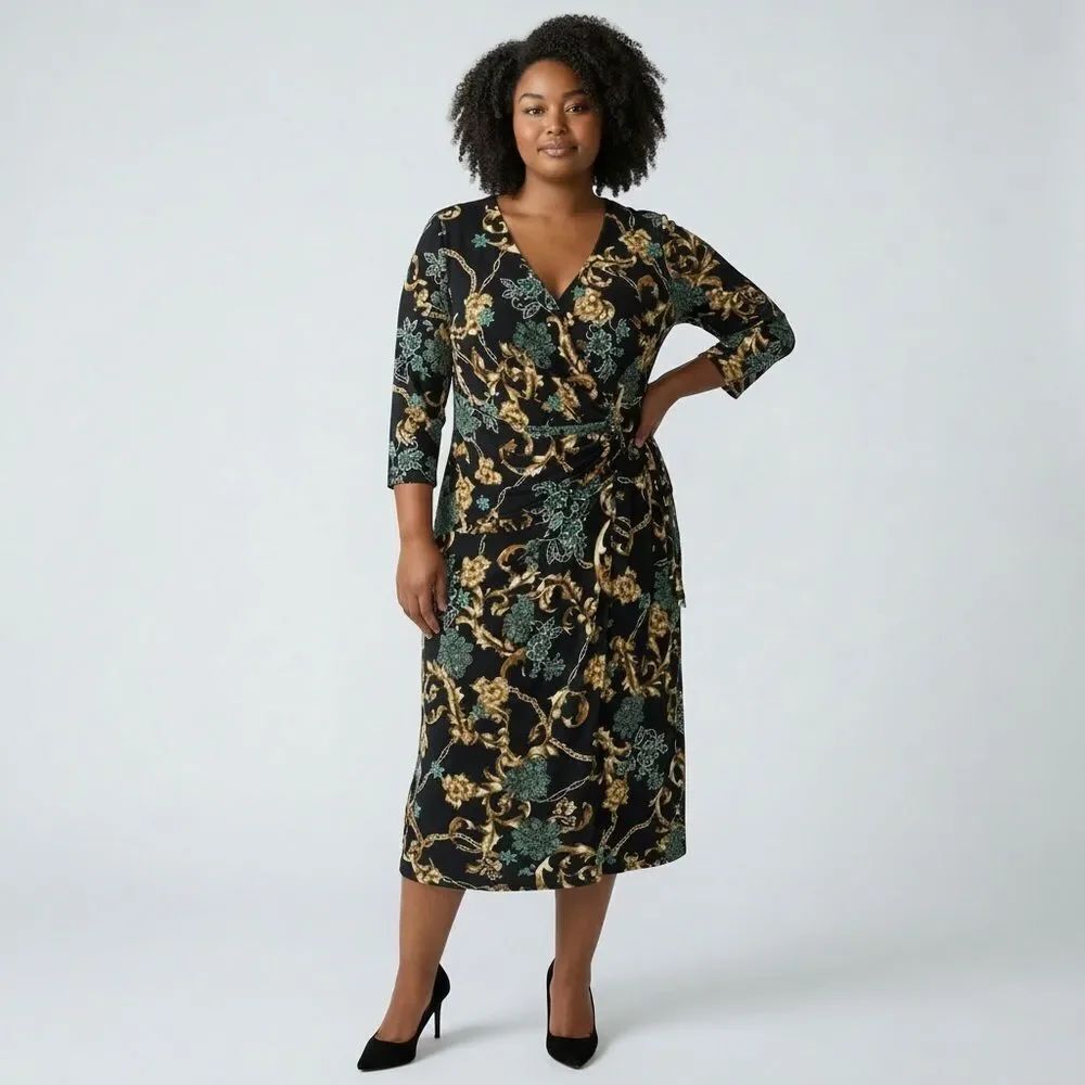 NWT Thalia Sodi Black Wrap Midi Dress Gold Green Chain Floral V Neck Sleeves XL